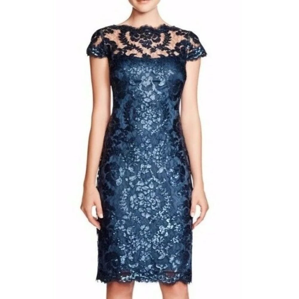 Tadashi Shoji Illusion Embroidered Sequin Lace Sheath Dress Womens Sz 10 Wedding